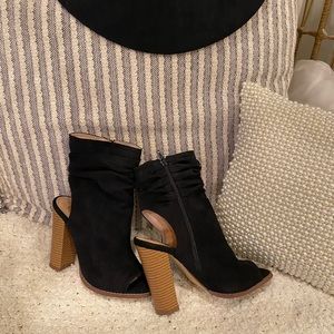Black suede peep toe booties